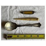 Vintage Sterling Silver Spoon, Bone Letter Opener, Folding Knife Set