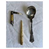 Vintage Sterling Silver Spoon, Bone Letter Opener, Folding Knife Set