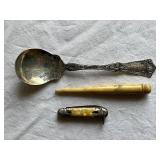 Vintage Sterling Silver Spoon, Bone Letter Opener, Folding Knife Set