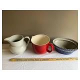 Ceramic Pitcher, Red Jug, and Blue Patterned Bowl Set