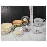 Assorted Vintage and Decorative Ceramics and Clock, Madame Alexander Peter Pan, Covington Stonewear, Rosina bone china cup and saucer made in England, a Taylor & Kent cup, and a Maruhon ware pot from 