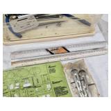 Vintage Drafting Tools and Templates including Pickett Graphic Symbols No. 1279, Compass Set, Rulers, and French Curve