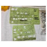 Vintage Drafting Tools and Templates including Pickett Graphic Symbols No. 1279, Compass Set, Rulers, and French Curve