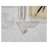 Vintage Drafting Tools and Templates including Pickett Graphic Symbols No. 1279, Compass Set, Rulers, and French Curve