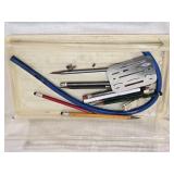 Vintage Drafting Tools and Templates including Pickett Graphic Symbols No. 1279, Compass Set, Rulers, and French Curve