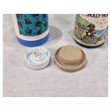 Lot of Vintage Lunch Box Thermo Bottles Featuring Various Designs such as Aladdin and Sesame Street