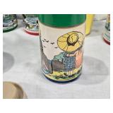 Lot of Vintage Lunch Box Thermo Bottles Featuring Various Designs such as Aladdin and Sesame Street