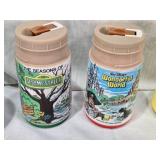 Lot of Vintage Lunch Box Thermo Bottles Featuring Various Designs such as Aladdin and Sesame Street