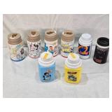 Lot of Vintage Lunch Box Thermo Bottles Containers Including Care Bears, Mickey Mouse, and Smurfs