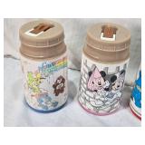 Lot of Vintage Lunch Box Thermo Bottles Containers Including Care Bears, Mickey Mouse, and Smurfs