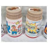 Lot of Vintage Lunch Box Thermo Bottles Containers Including Care Bears, Mickey Mouse, and Smurfs