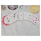 Assorted Vintage and Collectible Items including Poker Chips, Playing Cards, Gold Locket, Pins, Round Playing Cards and More