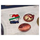 Assorted Vintage and Collectible Items including Poker Chips, Playing Cards, Gold Locket, Pins, Round Playing Cards and More