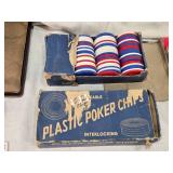 Assorted Vintage and Collectible Items including Poker Chips, Playing Cards, Gold Locket, Pins, Round Playing Cards and More