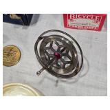 Assorted Vintage and Collectible Items including Poker Chips, Playing Cards, Gold Locket, Pins, Round Playing Cards and More