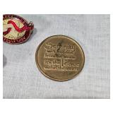 Assorted Vintage and Collectible Items including Poker Chips, Playing Cards, Gold Locket, Pins, Round Playing Cards and More