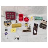 Assorted Vintage Collectibles including ABC Triplicate Club Patch, Microphone Tie Pin, Gold Shoe Keyring, Tie Clip and Novelty Items