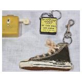 Assorted Vintage Collectibles including ABC Triplicate Club Patch, Microphone Tie Pin, Gold Shoe Keyring, Tie Clip and Novelty Items