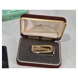 Assorted Vintage Collectibles including ABC Triplicate Club Patch, Microphone Tie Pin, Gold Shoe Keyring, Tie Clip and Novelty Items