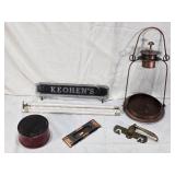 Lot of Antique Hardware and Decor Items Including Metal Lamp, Sign, Dual Towel Hanger and Handles