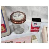 Vintage Household and Food Packaging Collection including Henninger Export Beer Barrel, Nabisco Cracker Tin, Recipe Book Butter, Nabisco Saltine Crackers Tin and Other Packaging Items