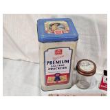 Vintage Household and Food Packaging Collection including Henninger Export Beer Barrel, Nabisco Cracker Tin, Recipe Book Butter, Nabisco Saltine Crackers Tin and Other Packaging Items