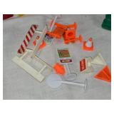 Toy Cars and Accessories Set including Gas Pumps, Signs, and Vehicles