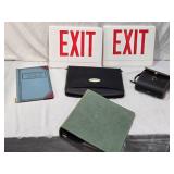 Lot of Office and Signage Items including Exit Signs, Cash Book, Binoculars Case and Portfolio
