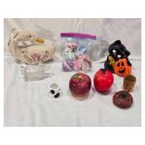 Stuffed Duck, Glass Dog, Ceramic Apples and Kitty and Pumpkin Decor