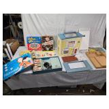 Vintage Board Games and Toys Collection including Porter Microcraft Microscope, Put and Take Game, Dollhouse, and Accessories