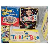 Vintage Board Games and Toys Collection including Porter Microcraft Microscope, Put and Take Game, Dollhouse, and Accessories