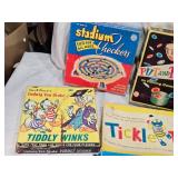 Vintage Board Games and Toys Collection including Porter Microcraft Microscope, Put and Take Game, Dollhouse, and Accessories