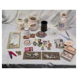 Vintage Collectibles including Elbow Lake Co-op Grain Jug and Pitcher, Henry McKenna Whiskey Jug, Pens, Lions Pins and Assorted Memorabilia