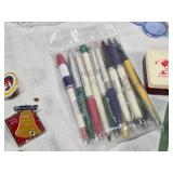 Vintage Collectibles including Elbow Lake Co-op Grain Jug and Pitcher, Henry McKenna Whiskey Jug, Pens, Lions Pins and Assorted Memorabilia