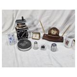 Desk Clock with Pens, Elgin Folding Alarm Clock, Texas Souvenir Glass, Spartus Corp Stove Clock and Miscellaneous Items