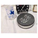 Desk Clock with Pens, Elgin Folding Alarm Clock, Texas Souvenir Glass, Spartus Corp Stove Clock and Miscellaneous Items