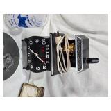 Desk Clock with Pens, Elgin Folding Alarm Clock, Texas Souvenir Glass, Spartus Corp Stove Clock and Miscellaneous Items