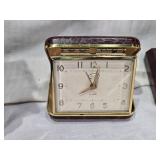 Desk Clock with Pens, Elgin Folding Alarm Clock, Texas Souvenir Glass, Spartus Corp Stove Clock and Miscellaneous Items