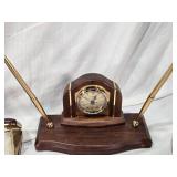 Desk Clock with Pens, Elgin Folding Alarm Clock, Texas Souvenir Glass, Spartus Corp Stove Clock and Miscellaneous Items