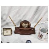 Desk Clock with Pens, Elgin Folding Alarm Clock, Texas Souvenir Glass, Spartus Corp Stove Clock and Miscellaneous Items