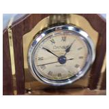 Desk Clock with Pens, Elgin Folding Alarm Clock, Texas Souvenir Glass, Spartus Corp Stove Clock and Miscellaneous Items