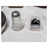 Desk Clock with Pens, Elgin Folding Alarm Clock, Texas Souvenir Glass, Spartus Corp Stove Clock and Miscellaneous Items