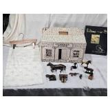 Vintage Cardboard General Store Box with Horse Figurines, Old Horse Scrapbook, and Table Runner