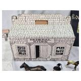 Vintage Cardboard General Store Box with Horse Figurines, Old Horse Scrapbook, and Table Runner