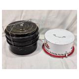Pie Saver/Carrier and Cake Carrier Set including Metal Stand and Lid, and Fruit Decorated Carrier with Base