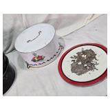 Pie Saver/Carrier and Cake Carrier Set including Metal Stand and Lid, and Fruit Decorated Carrier with Base