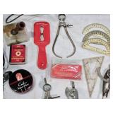 Assorted kitchen utensils and vintage tools including Town & Country cutlery and White Decorative Zigzagger, Acme Nut Chopper, and other items.