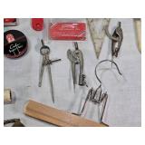 Assorted kitchen utensils and vintage tools including Town & Country cutlery and White Decorative Zigzagger, Acme Nut Chopper, and other items.