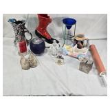 Assorted vintage decorative items including a Atlantic Mold Ceramic Victorian shoe, USA Ceramic Pitcher, Mango Wood Container, beer stein and More