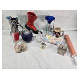 Assorted vintage decorative items including a Atlantic Mold Ceramic Victorian shoe, USA Ceramic Pitcher, Mango Wood Container, beer stein and More